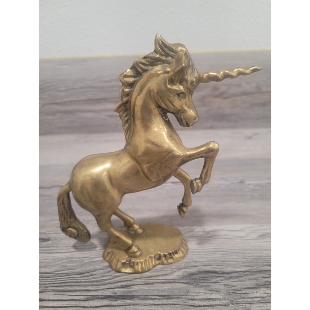 Vintage 9in Solid Brass Unicorn Figurine Mythical fantasy Sculpture MCM petina